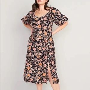 Old Navy Waist-Defined Puff-Sleeve Floral-Print Smocked Midi Dress